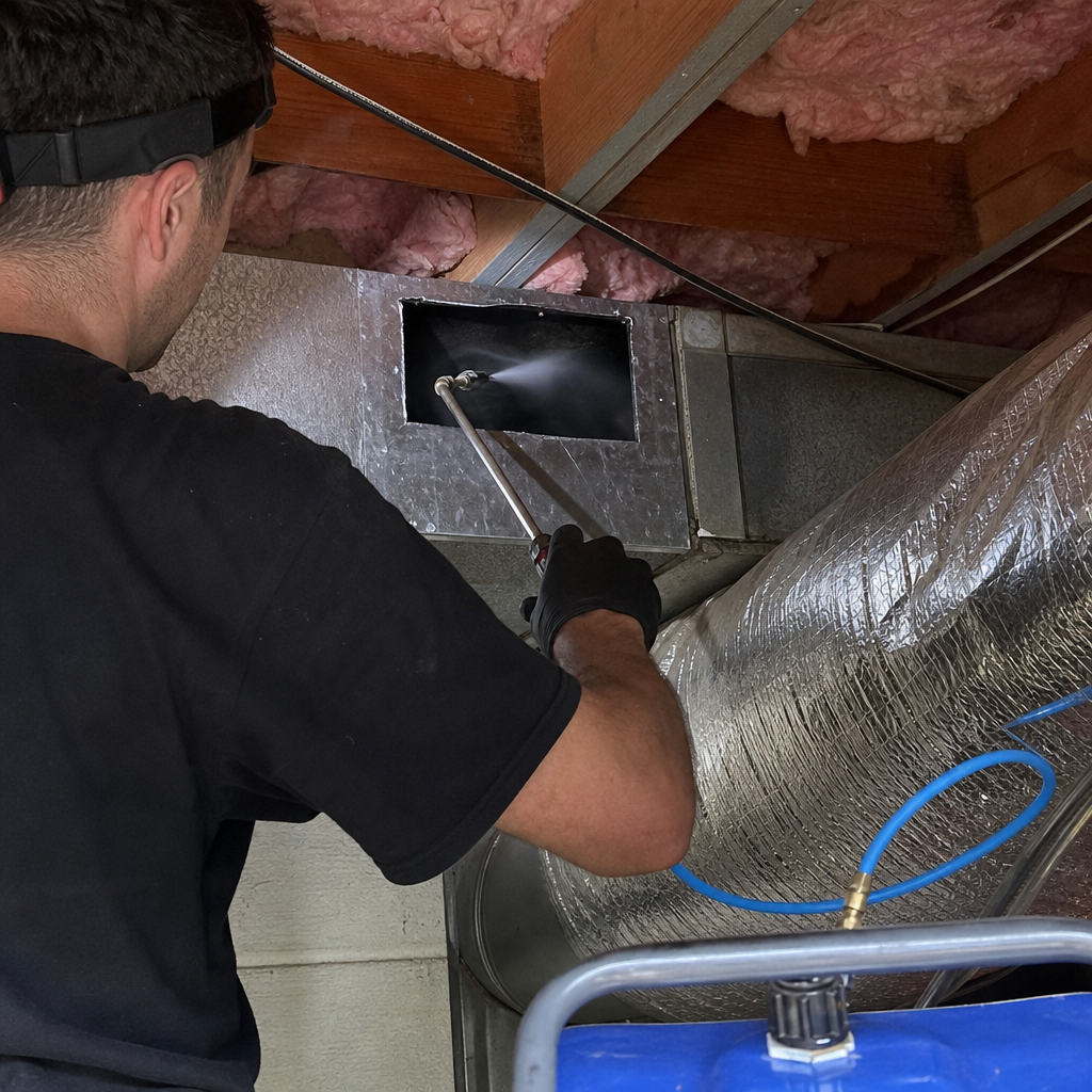 Technician performing professional air duct sanitization and quality cleaning service