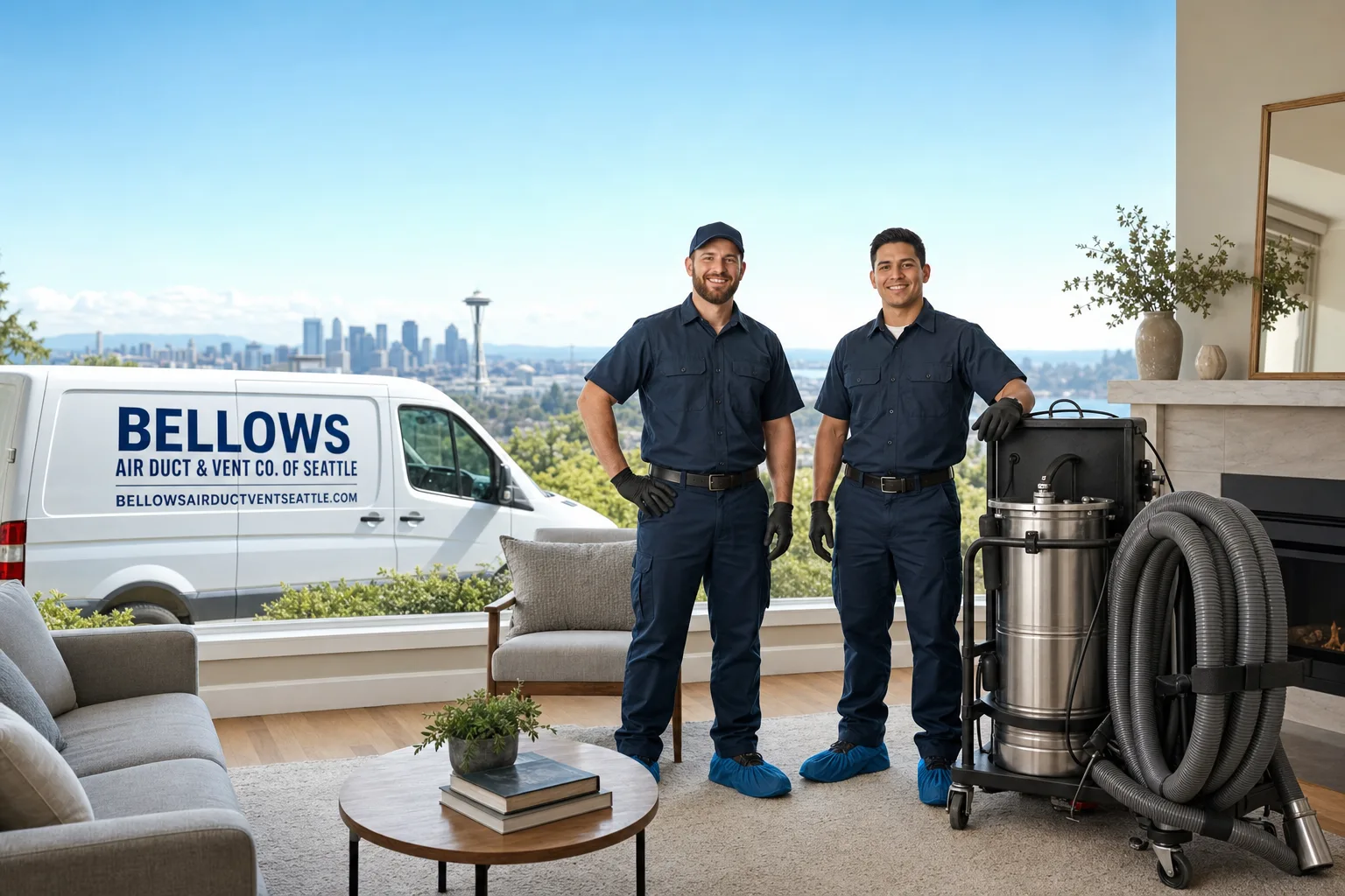 Bellows Air Duct & Vent Co. of Seattle air duct cleaning service vehicle and crew in Seattle, WA